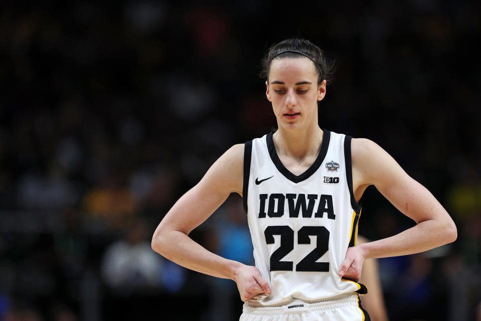 DALLAS, TEXAS - APRIL 02: Caitlin Clark #22 of the Iowa Hawkeyes reacts during the third quarter against the LSU Lady Tigers during the 2023 NCAA Women's Basketball Tournament championship game at American Airlines Center on April 02, 2023 in Dallas, Texas. (Photo by Tom Pennington/Getty Images)