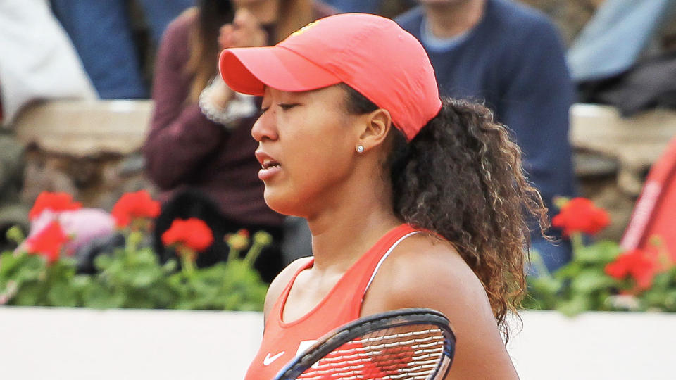 Naomi Osaka looks on during her match against Sara Sorribes of Spain in the Fed Cup, group round, played between Spain and Japan at Centro de Tenis La Manga Club on February 07, 2020 in Cartagena, Spain. (Photo by Irina R. H. / AFP7 / Europa Press Sports via Getty Images)