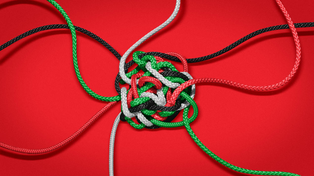  Illustration of tangled, knotted ropes in the colours of the Palestine flag. 