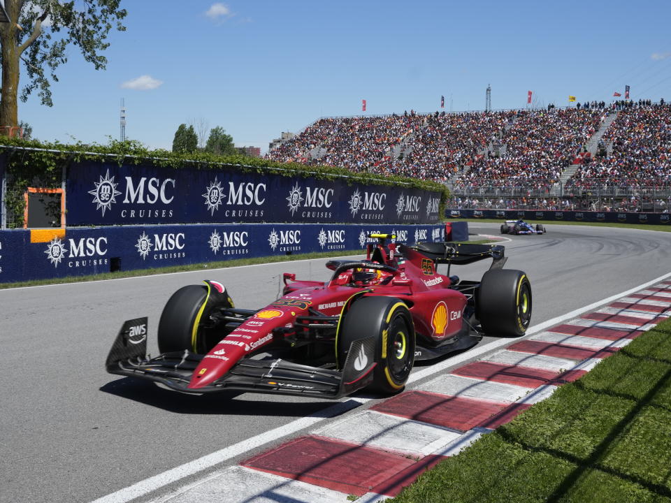 Ferrari driver Carlos Sainz competes at the Canadian Grand Prix auto race in Montreal on Sunday, June 19, 2022. (Ryan Remiorz/The Canadian Press via AP)