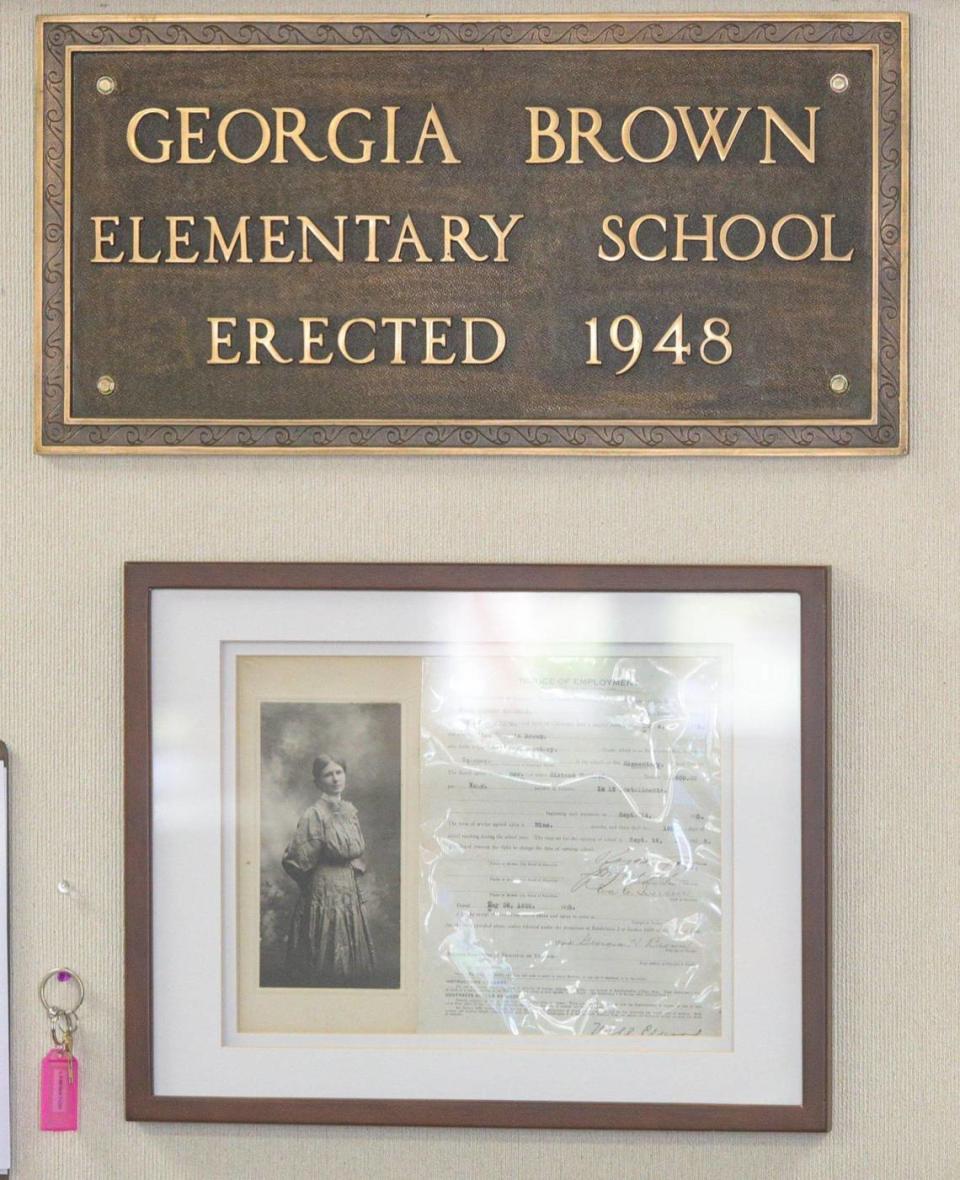 Georgia Brown had a 48 year career as an educator, with 28 of those years in the Paso Robles schools. She was a leader in environmental education and took great pride in the accomplishments of her students. The district named an elementary school for her, dedicated in 1949. This artwork is in the office of the school.