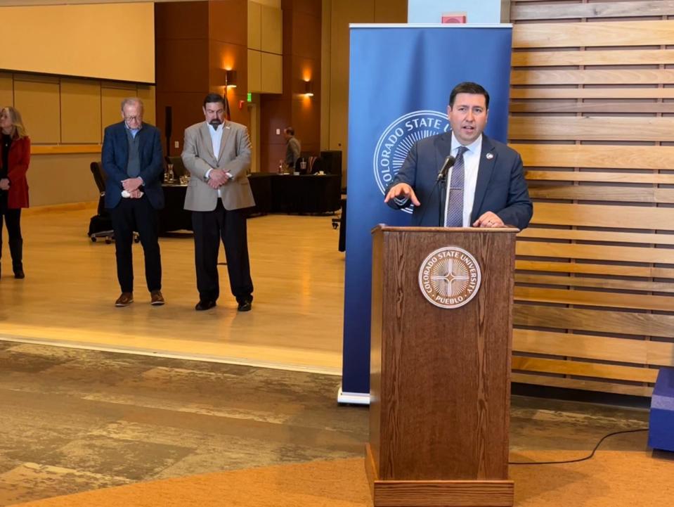 Newly appointed CSU Pueblo president Armando Valdez speaks to faculty, staff and community members in the Occhiato University Center on December 15, 2023.