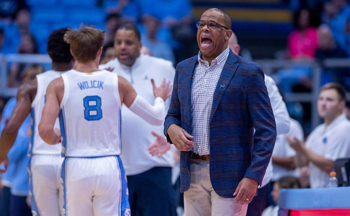 North Carolina coach Hubert Davis directs his team in the first half against St. Augustine’s on Friday, October 27, 2023 at the Smith Center in Chapel Hill, N.C.