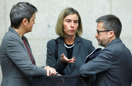 European Competition Commissioner Margrethe Vestager, EU Commission Vice-President Federica Mogherini (C), and European Research, Science and Innovation Commissioner Carlos Moedas attend a meeting of the EU executive body in Brussels, Belgium March 1, 2017. REUTERS/Yves Herman