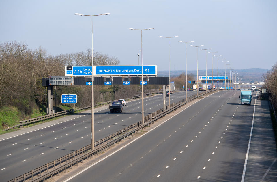 The M1 in Leicestershire during rush hour, the day after Prime Minister Boris Johnson put the UK in lockdown to help curb the spread of the coronavirus. (Photo by Joe Giddens/PA Images via Getty Images)