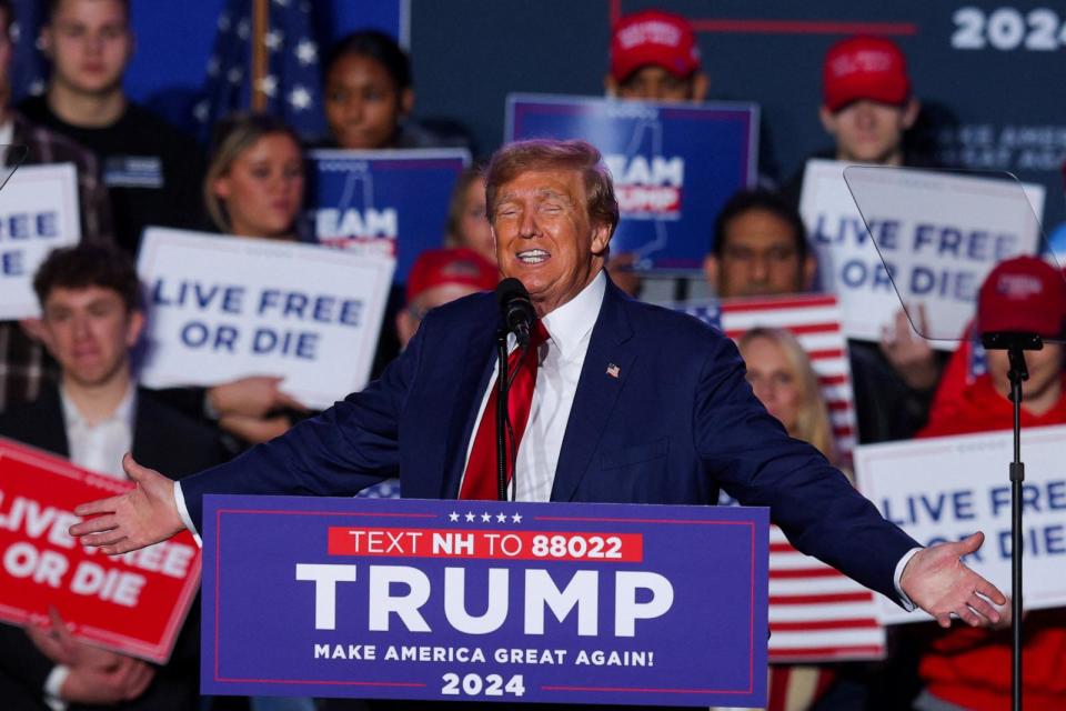 PHOTO: Republican presidential candidate and former U.S. President Donald Trump gestures as he speaks at a rally, Dec. 16, 2023, in Durham, N.H. (Brian Snyder/Reuters)