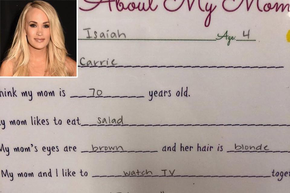 <strong>"Soooo…apparently I’m 70 and I’m really good at doing the laundry."</strong> — Carrie Underwood, joking about 4-year-old son Isaiah's homework which revealed that <a href="https://people.com/parents/carrie-underwood-son-isaiah-thinks-she-is-70-job-laundry/" rel="nofollow noopener" target="_blank" data-ylk="slk:he believes she is a 70-year-old woman;elm:context_link;itc:0;sec:content-canvas" class="link ">he believes she is a 70-year-old woman</a> whose job is to wash clothes, on Instagram 