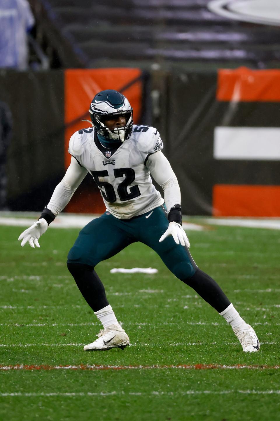 Philadelphia Eagles linebacker Davion Taylor (52) runs after the ball during an NFL football game against the Cleveland Browns, Sunday, Nov. 22, 2020, in Cleveland.