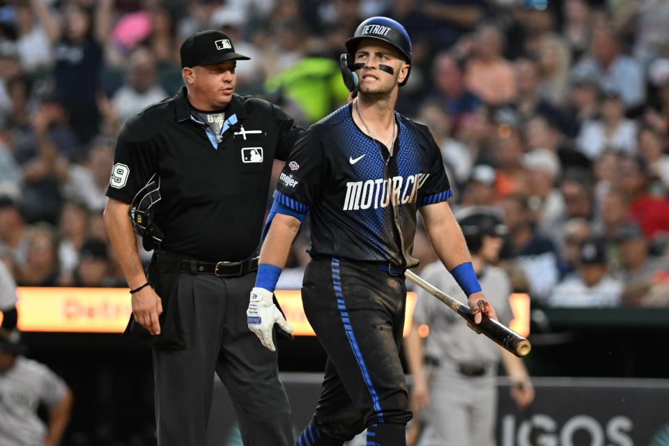 Detroit Tigers third baseman Jace Jung (17) leaves home plate after suffering a strikeout in the sixth inning against the New York Yankees at Comerica Park.