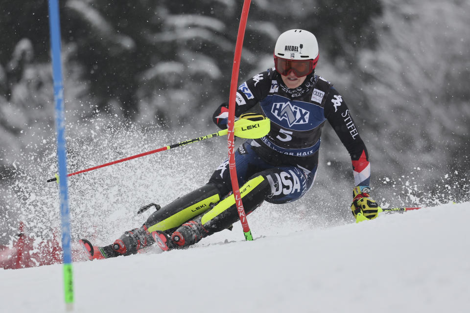 United States' Paula Moltzan speeds down the course during the first run of an alpine ski, women's World Cup slalom race, in Kranjska Gora, Slovenia, Sunday, Jan. 7, 2024. (AP Photo/Marco Trovati)