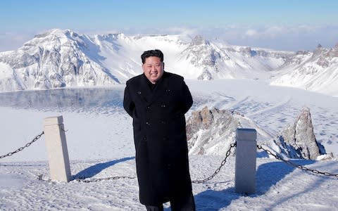 North Korean leader Kim Jong-Un visiting Mount Paektu in Ryanggang Province - Credit:  AFP