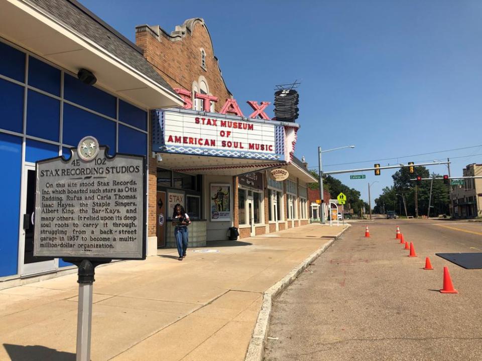 A historical marker and a marquee show the location of the Stax Museum of American Soul Music on Wednesday, Sept. 14, 2022, in Memphis, Tenn. (AP Photo/Adrian Sainz)