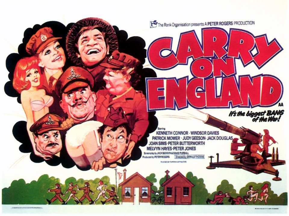 Carry On England, poster, top from left: Judy Geeson, Patrick Mower;  middle: Windsor Davies;  bottom left: Kenneth Connor, bottom right: Jack Douglas, 1976. (Photo by LMPC via Getty Images)