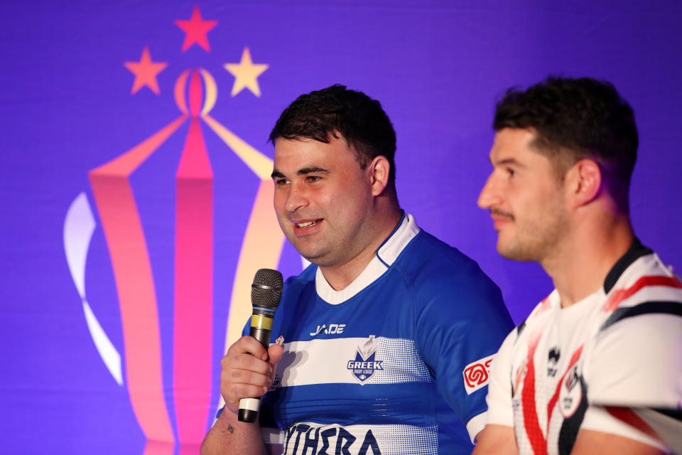 Jordan Meads of Greece speaks during the Rugby League World Cup 2021 Tournament Launch events at the Science and Industry Museum on October 10, 2022 in Manchester, England. (Photo by Jan Kruger/Getty Images for RLWC2021)