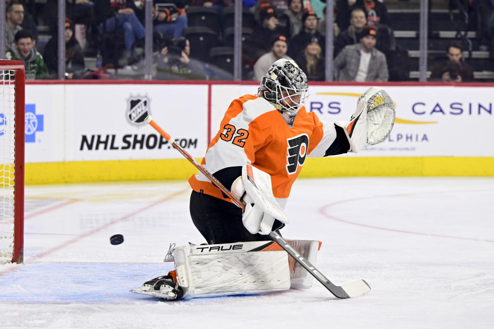 Philadelphia Flyers goaltender Felix Sandstrom is unable to make a save against a goal scored by Winnipeg Jets' Axel Jonsson-Fjallby during the first period of an NHL hockey game, Sunday, Jan. 22, 2023, in Philadelphia. (AP Photo/Derik Hamilton)