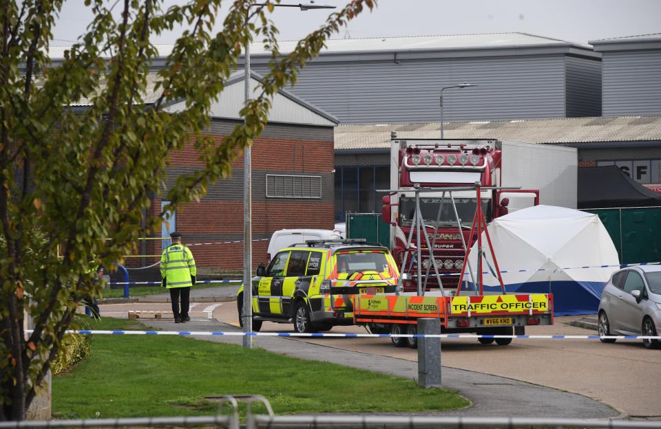 Police activity at the Waterglade Industrial Park in Grays, Essex, after 39 bodies were found inside a lorry container on the industrial estate.