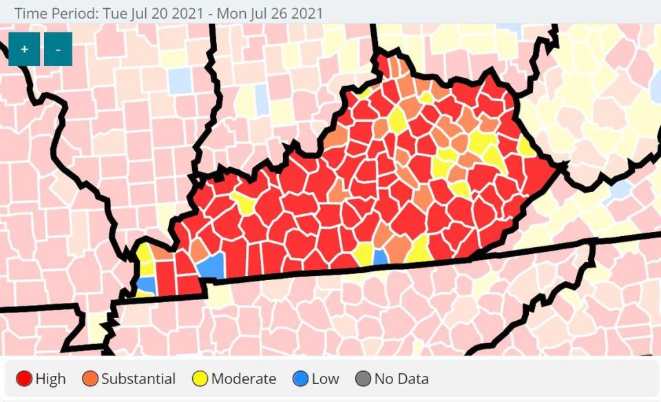 COVID-19 was spreading at high or substantial rates in 102 of Kentucky’s 120 counties in late July 2020, according to the U.S. Centers for Disease Control and Prevention.