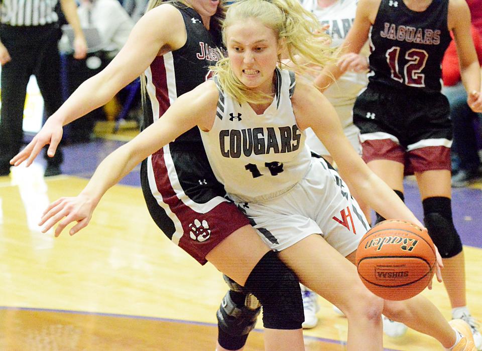 Viborg-Hurley's Coral Mason heads to the basket during a semifinal game against Corsica-Stickney on Friday during the state Class B girls basketball tournament in the Watertown Civic Arena. Viborg-Hurley won 43-38.