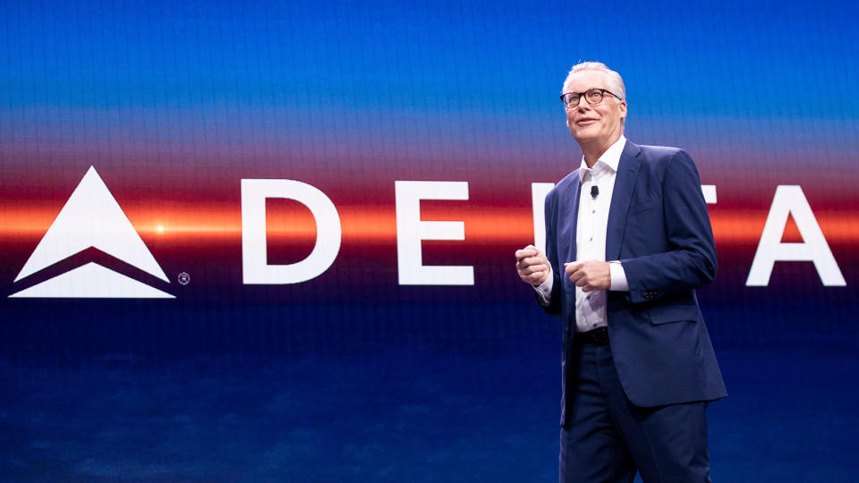 Mandatory Credit: Photo by ETIENNE LAURENT/EPA-EFE/Shutterstock (10520034m)Delta Airline CEO Ed Bastian delivers a speech during the Delta keynote at the 2020 International Consumer Electronics Show in Las Vegas, Nevada, USA, 07 January 2020.