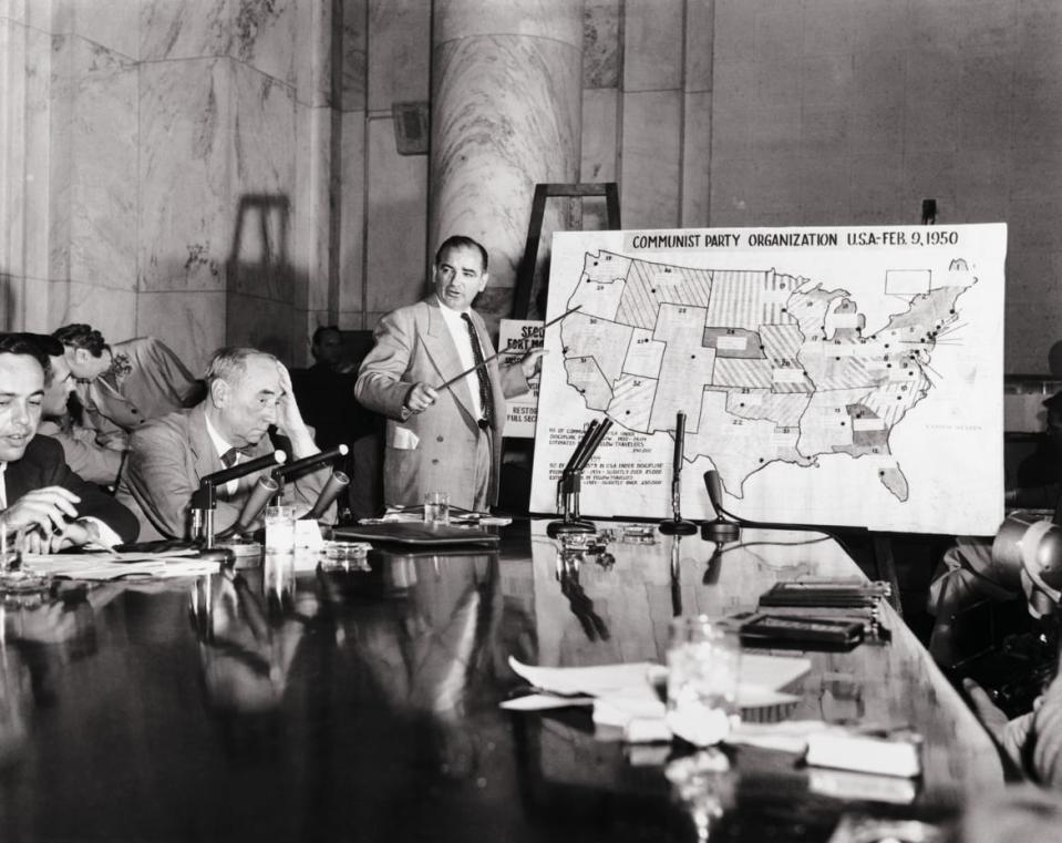 <div class="inline-image__caption"><p>Joseph McCarthy, Republican senator from Wisconsin, testifies against the US Army during the Army-McCarthy hearings in Washington, DC, on June 9, 1954.</p></div> <div class="inline-image__credit">Bettmann/Getty Images</div>