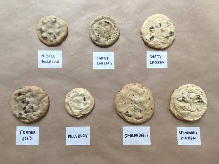 Eight chocolate chip cookies from different brands, including Nestle Tollhouse, Sweet Loren's, Betty Crocker, Trader Joe's, Pillsbury, Ghirardelli, and Stonewall Kitchen