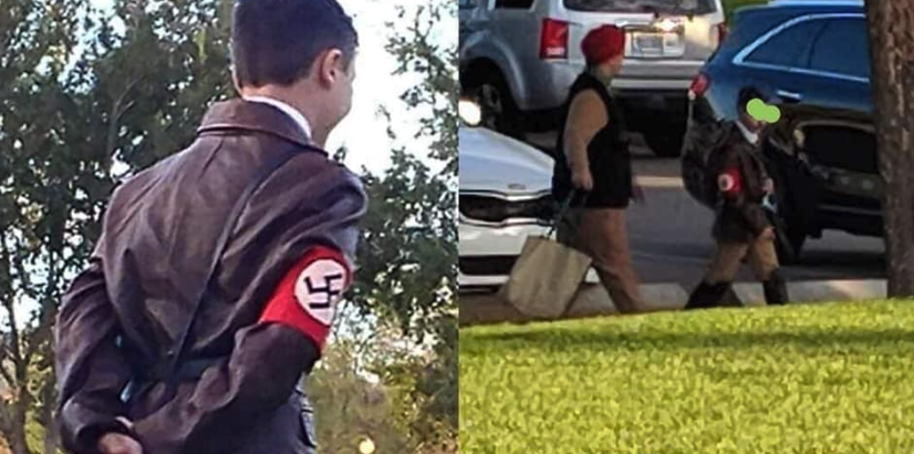 A public school teacher is under fire after photos of her son dressed as Hitler at a community Halloween event went viral. (Photo: Elaine Marie via Facebook)
