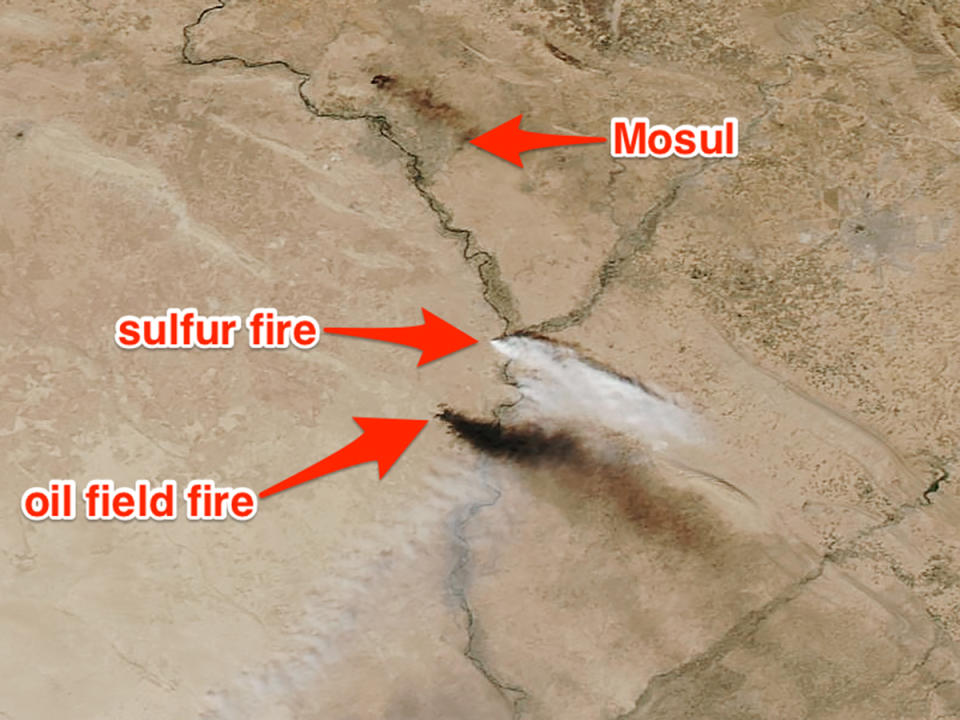 mosul sulfur fire smoke plume nasa satellite