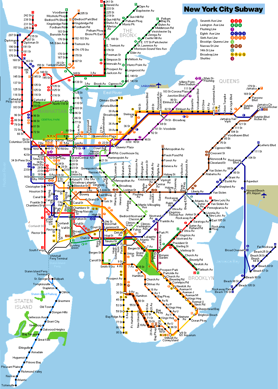 紐約地鐵同一條線於周末及平日係有唔同停站，非常複雜。 （圖：紐約市運輸局） 