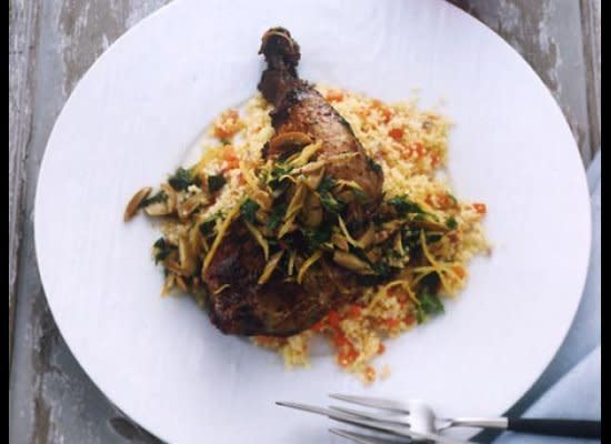Confit is a method of cooking duck legs in duck fat. This recipe instead cooks chicken legs in olive oil to achieve similar meltingly tender results. Serve with couscous for a touch of Moroccan influence.    <strong>Get the Recipe for <a href="http://www.huffingtonpost.com/2011/10/27/crispy-chicken-leg-confit_n_1058359.html" target="_hplink">Crispy Chicken Leg Confit with Couscous and Olives</a></strong>