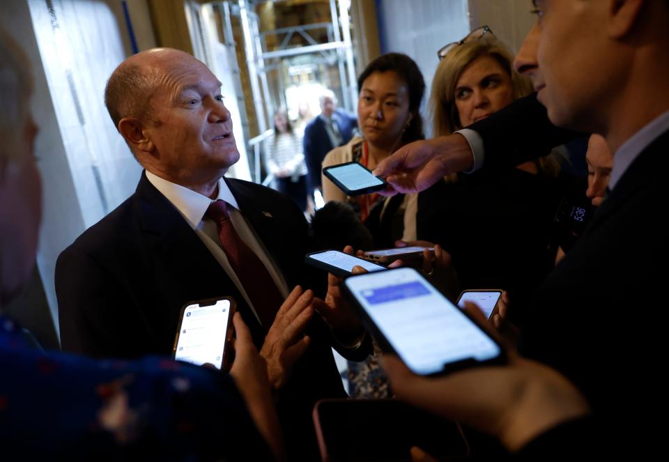 U.S. Sen. Chris Coons (D-DE) speaks to reporters at the U.S. Capitol on July 08, 2024 in Washington,