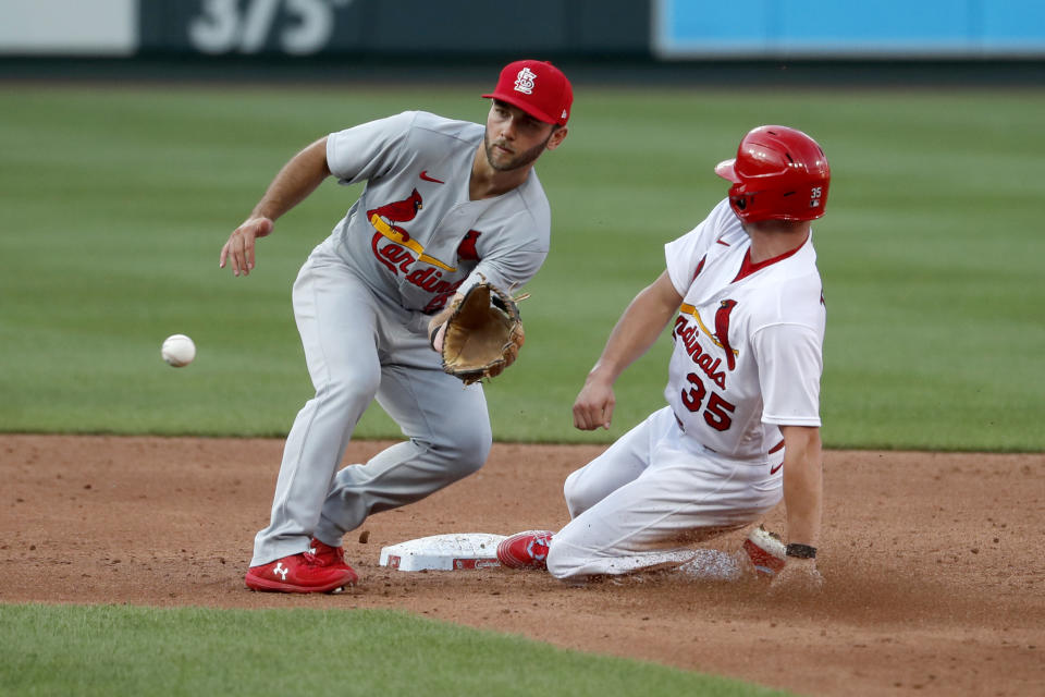 St. Louis Cardinals' Lane Thomas (35) is safe at second for a stolen base as infielder Max Schrock handles the throw during an intrasquad practice baseball game at Busch Stadium Thursday, July 9, 2020, in St. Louis. (AP Photo/Jeff Roberson)