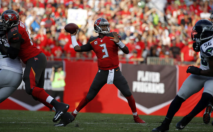 Nov 27, 2016; Tampa, FL, USA; Tampa Bay Buccaneers quarterback Jameis Winston (3) throws the ball against the Seattle Seahawks during the first quarter at Raymond James Stadium.