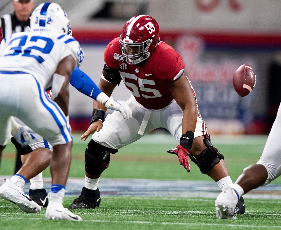 Alabama offensive lineman Emil Ekiyor, Jr., (55) against Duke in the Chick-fil-A Kickoff Game at Mercedes Benz Stadium in Atlanta, Ga., on Saturday August 31, 2019.