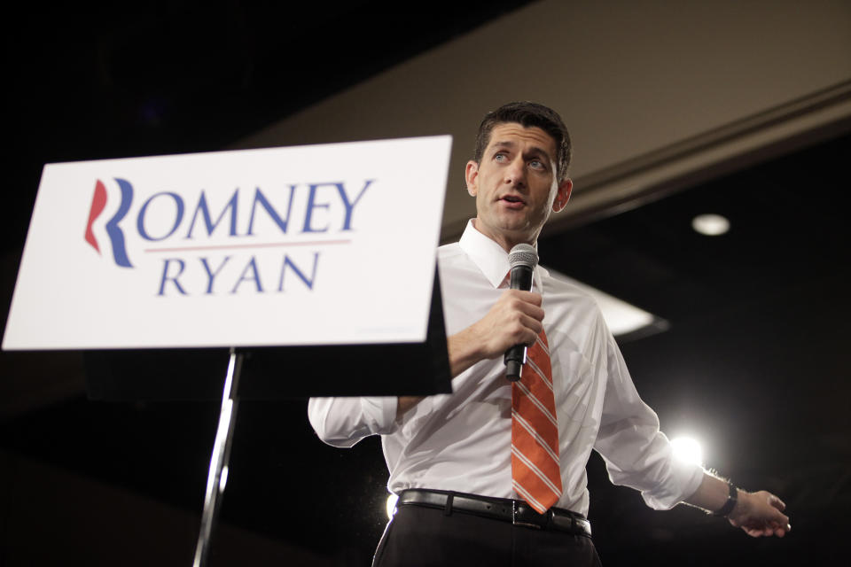 Republican vice presidential candidate, Rep. Paul Ryan, R-Wis. speaks, Monday, Sept. 24, 2012, at the Veterans Memorial Civic & Convention Center in Lima, Ohio. (AP Photo/J.D. Pooley)