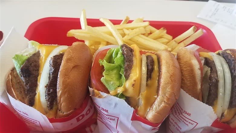 Burgers on red tray