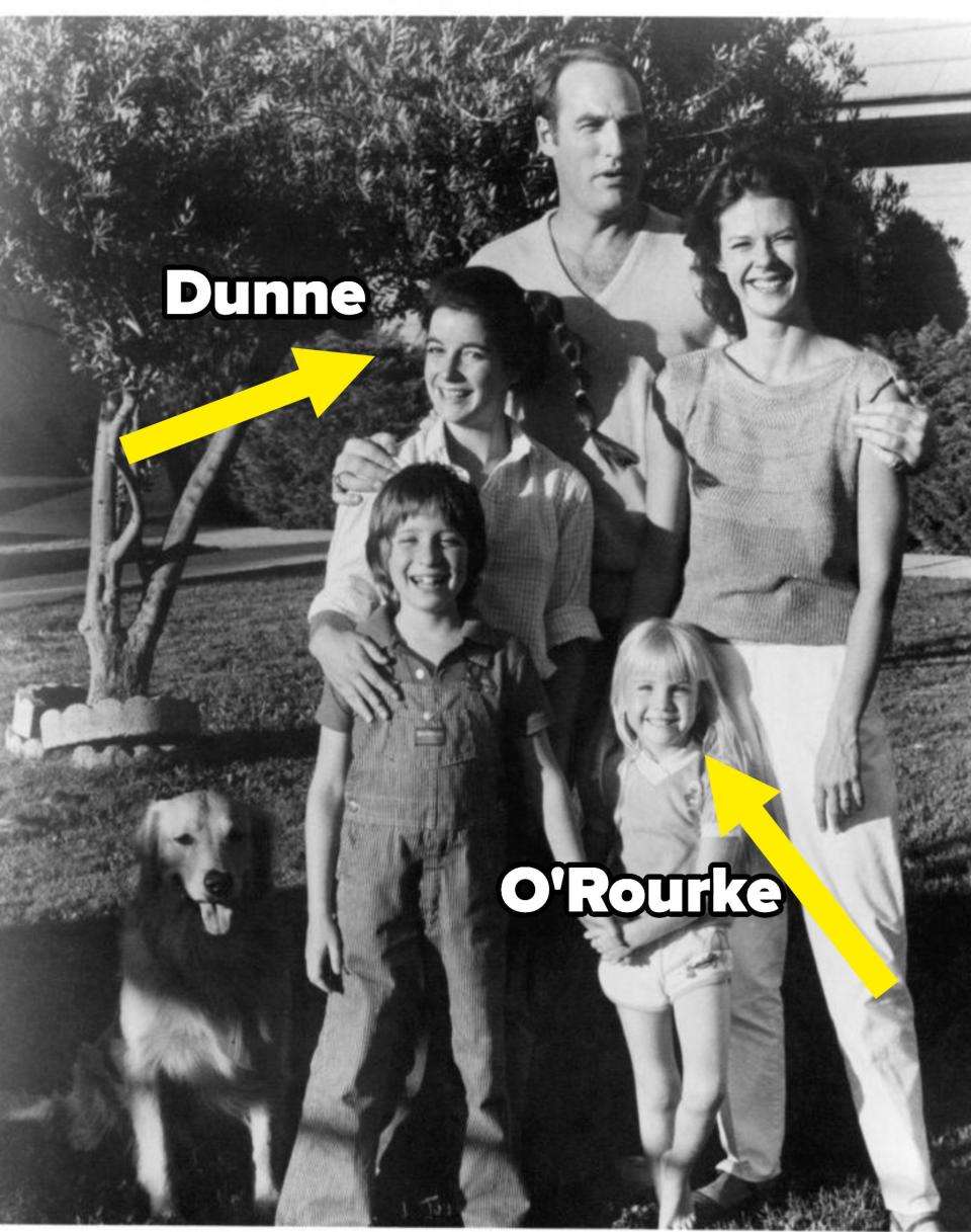 photo of the movie family with arrows pointing to Dunne and O'Rourke