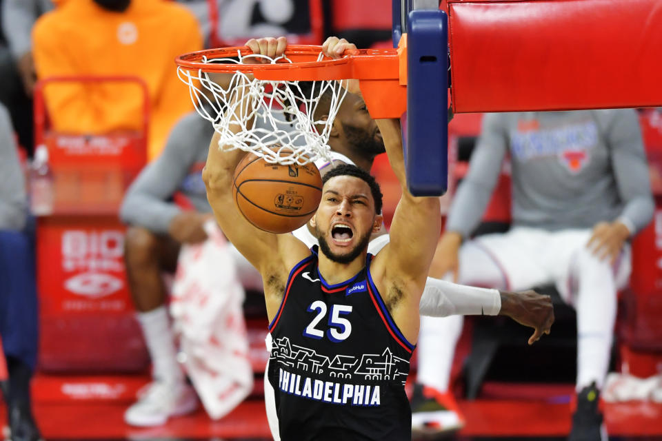 Ben Simmons #25 of the Philadelphia 76ers dunks the ball against the New York Knicks in the fourth quarter at Wells Fargo Center on March 16, 2021.