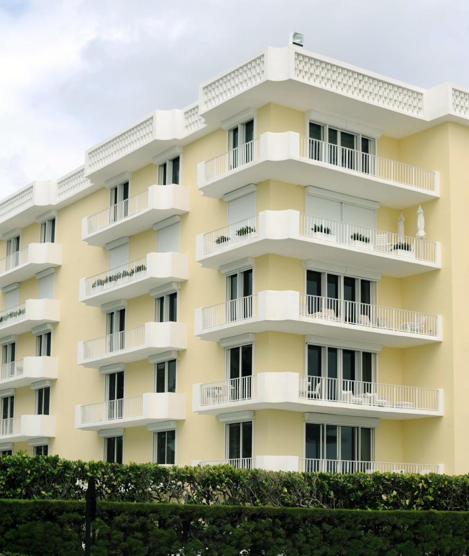 A renovated corner condominium, No. 3A, on the third floor of The Kirkland House in Palm Beach sold in 2022 for a recorded $15 million in 2022  at 101 Worth Ave. The condo just changed hands for $11.93 million. The building is seen here in a photo taken several years ago.