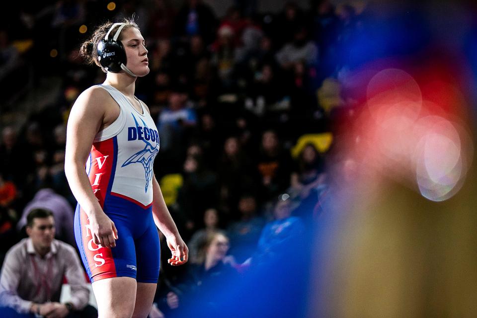 Decorah's Naomi Simon is introduced before wrestling at 170 pounds in the finals during the IGHSAU state girls wrestling tournament, Friday, Feb. 3, 2023, at the Xtream Arena in Coralville, Iowa.