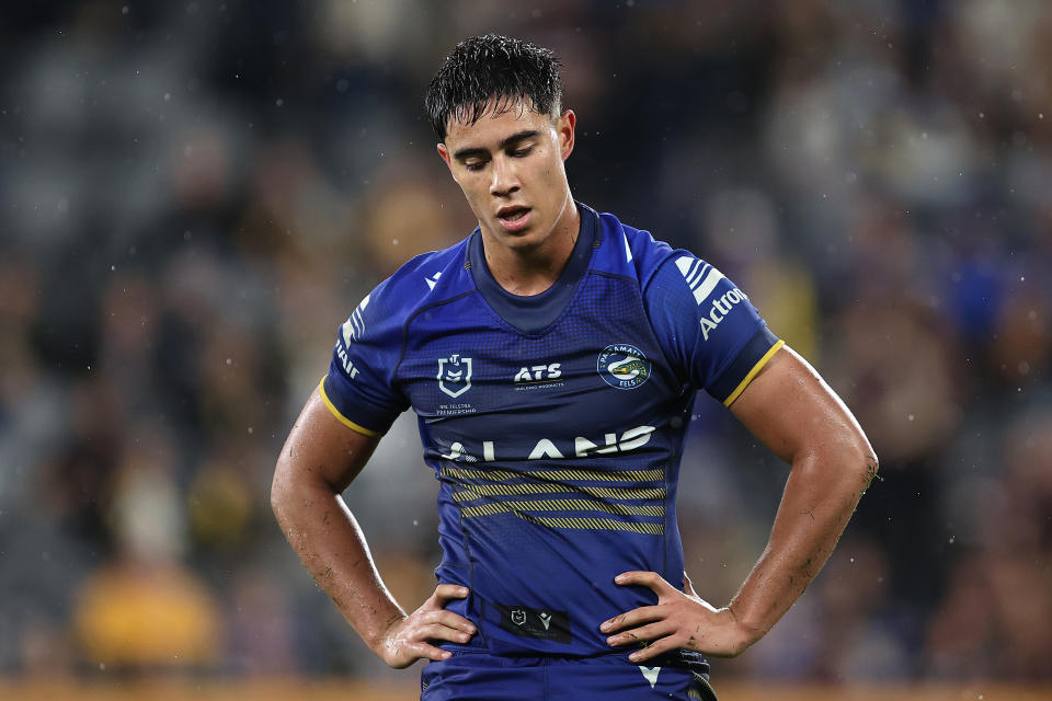 SYDNEY, AUSTRALIA - MAY 10:  Blaize Talagi of the Eelsreacts during the round 10 NRL match between Parramatta Eels and Brisbane Broncos at CommBank Stadium on May 10, 2024, in Sydney, Australia. (Photo by Brendon Thorne/Getty Images)