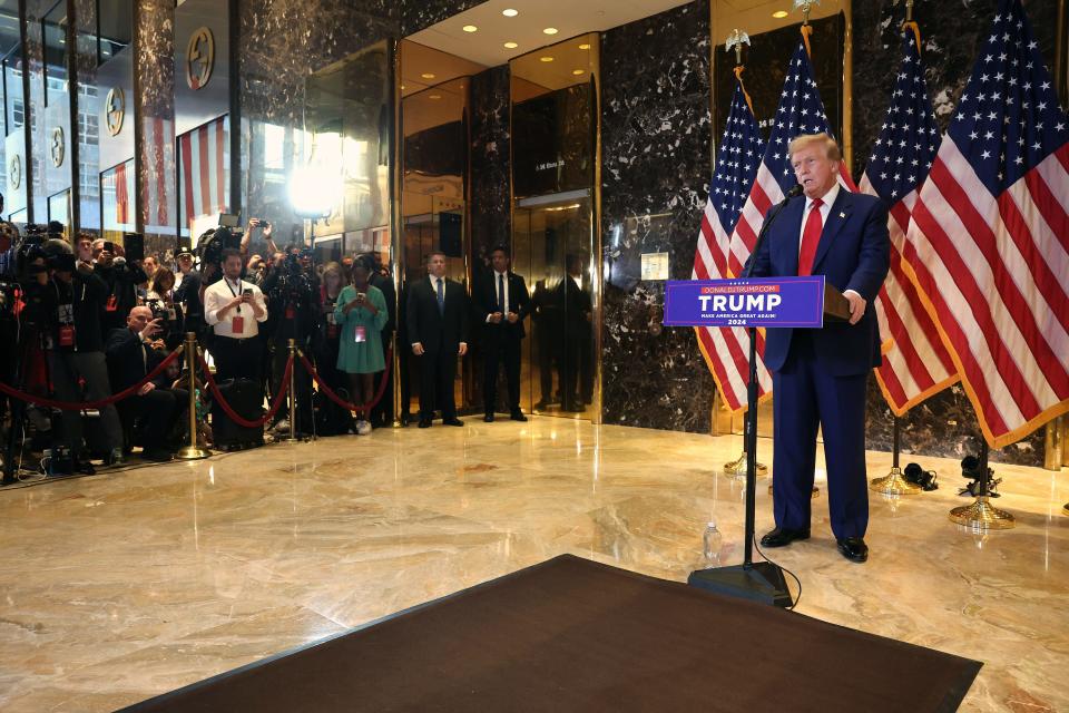 Former President Donald Trump holds a press conference following the verdict in his hush-money trial at Trump Tower on May 31, 2024 in New York City. A New York jury found Trump guilty Thursday of all 34 charges of covering up a $130,000 hush money payment to adult film star Stormy Daniels to keep her story of their alleged affair from being published during the 2016 presidential election. Trump is the first former U.S. president to be convicted of crimes.