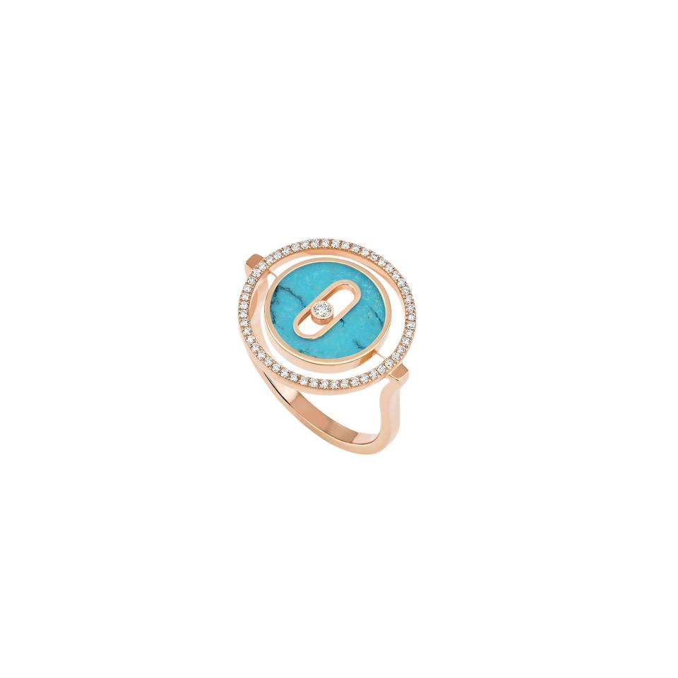 <p><a href="https://www.messika.com/us_en/lucky-move-diamond-ring-pink-gold-and-turquoise-12098-pg" rel="nofollow noopener" target="_blank" data-ylk="slk:Shop Now;elm:context_link;itc:0;sec:content-canvas" class="link ">Shop Now</a></p><p>Turquoise Lucky Move Ring</p>