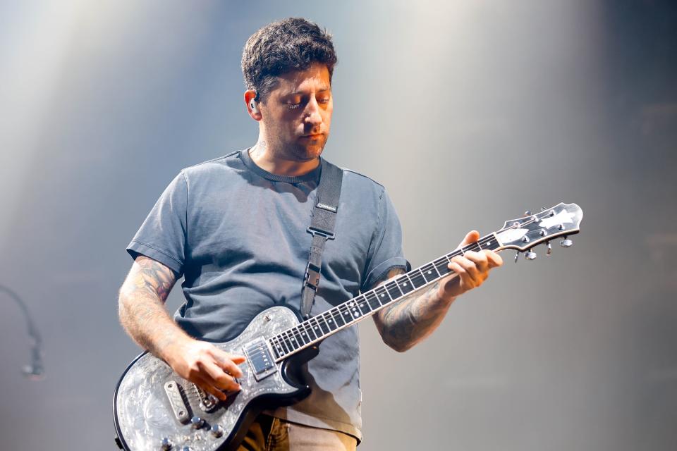 Fall Out Boy guitarist Joe Trohman performs at the Paycom Center in Oklahoma City, on Monday, March 11, 2024.