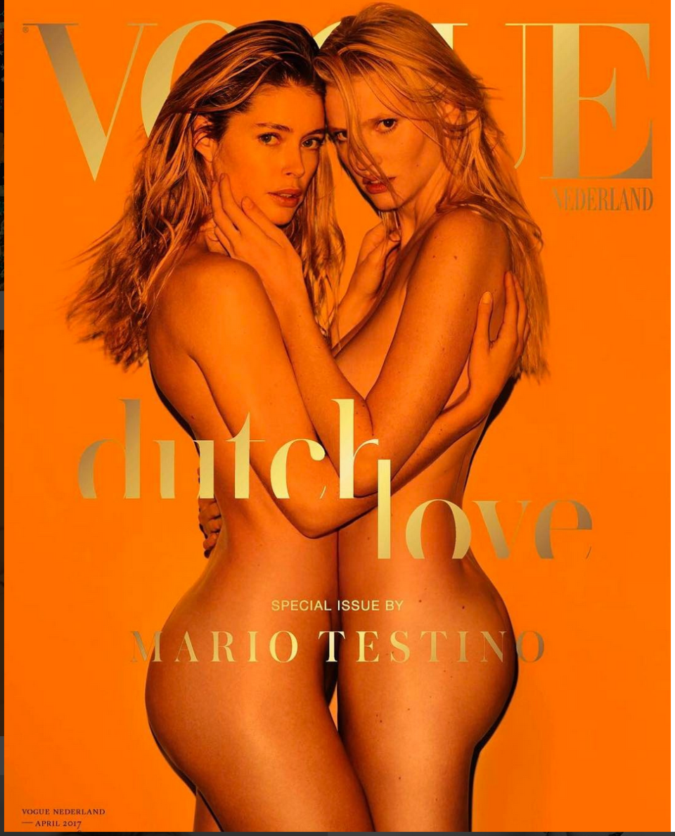 “Dutch Love”: Für die Jubiläumsausgabe der niederländischen Vogue setzte Starfotograf Mario Testino “Victoria’s Secret”-Engel Doutzen Kroes und Lara Stone nackt in Szene. (Bild-Copyright: Instagram/Doutzen)