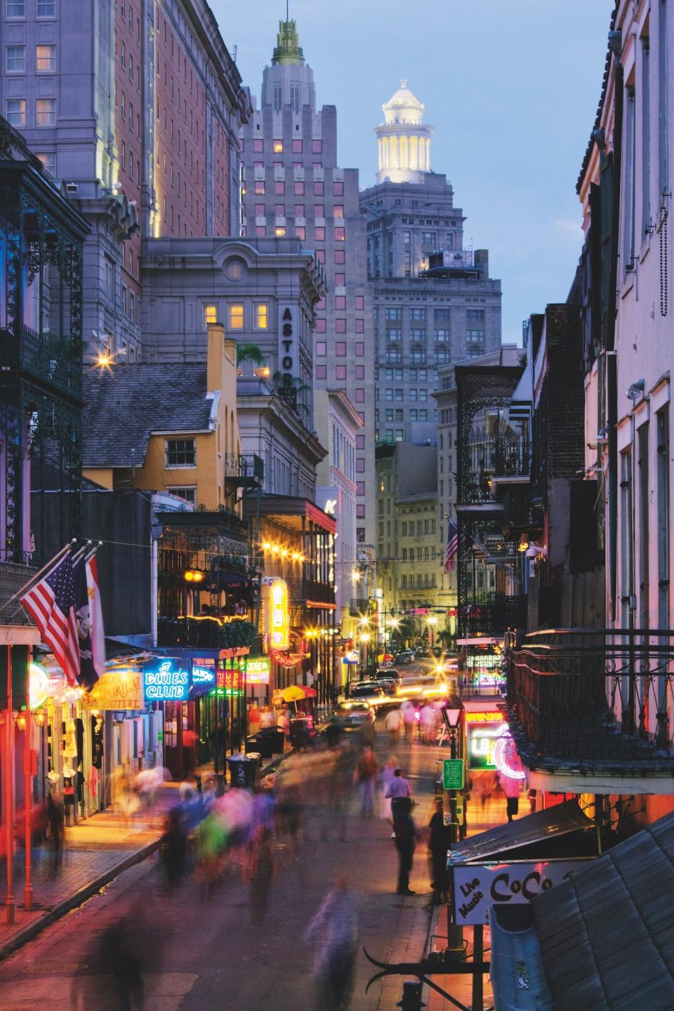 Bourbon Street at night in New Orleans.