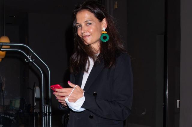 Katie Holmes Soars in Business Casual Outfit and White Sneakers for 'Alone  Together' Q&A