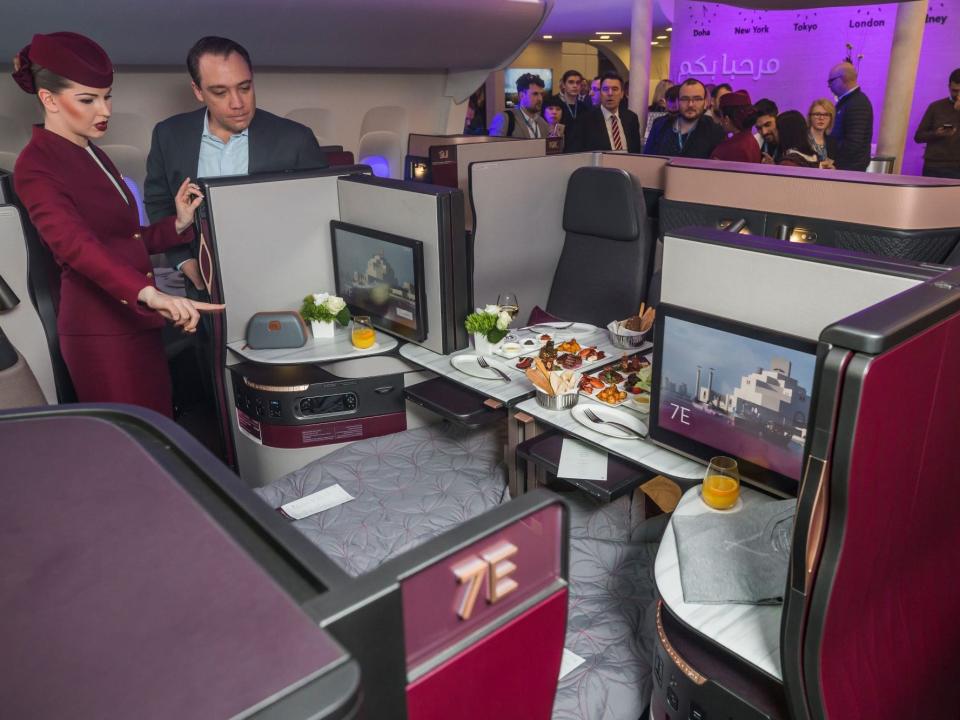 Qatar's QSuite on display at a 2017 trade show in Berlin.