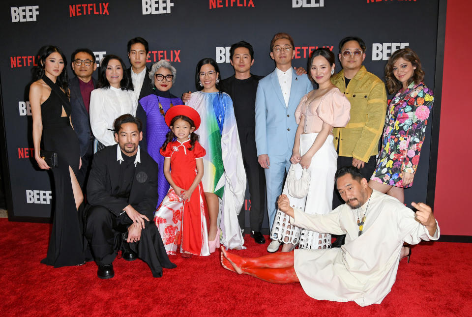 Andie Ju, Jerry Hanjoo Kim, Hong Dao, Joseph Lee, Young Mazino, Patti Yasutake, Remy Holt, Ali Wong, Steven Yeun, Lee Sung Jin, Alyssa Kim, Rek Lee, David Choe, and Mia Serafino attend the Los Angeles Premiere of Netflix's "BEEF" at TUDUM Theater