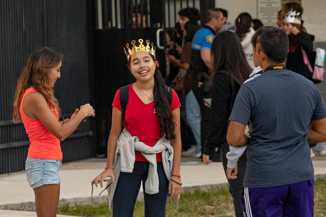 A Miami Beach High student wears a senior crown on the first day of school at Miami Beach High in Miami Beach, Florida, on Aug. 17, 2022.