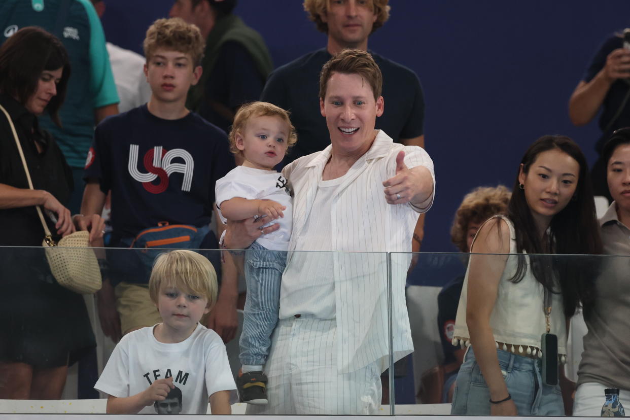 Synchronized Diving: 2024 Summer Olympics: Great Britain Thomas Daley's husband Dustin Lance Black looks on and cheers during the Men's 10m Synchronized Diving final at the Aquatics Centre.
Paris, France 7/29/2024 
CREDIT: Simon Bruty (Photo by Simon Bruty/Sports Illustrated via Getty Images) 
(Set Number: X164558 TK1)